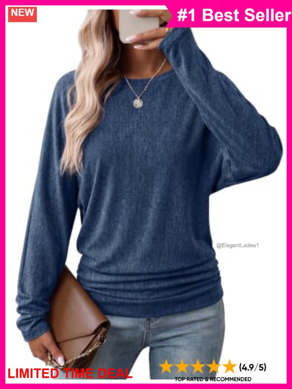 Womens Long Sleeve Ruched Hem Blouse Crew Neck Dolman Sleeve Pullover Top